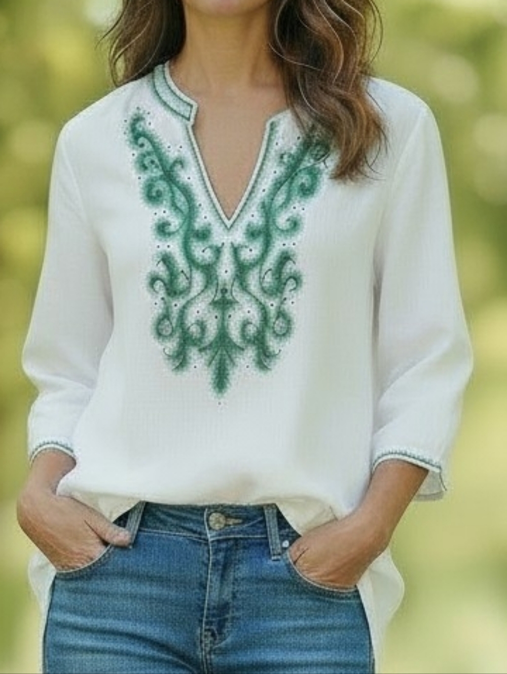 Chico's White Linen Tunic Top with Green Embroidery